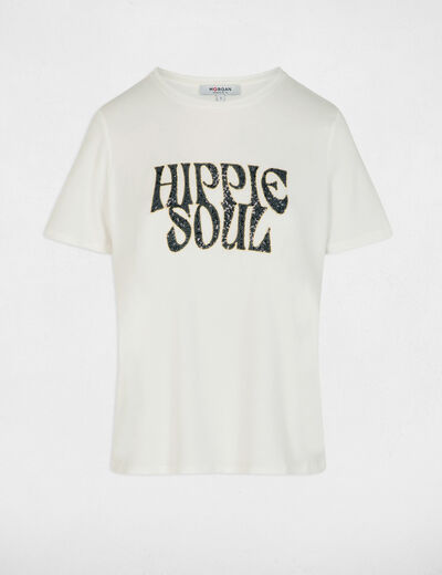 T-shirt brod&eacute; sequins blanc femme