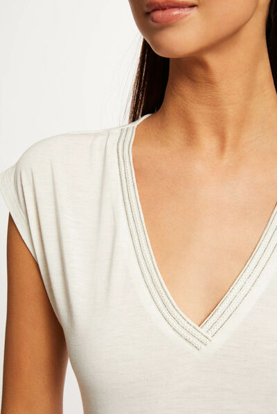 T-shirt manches courtes col en V ecru femme