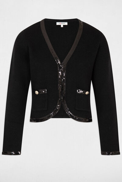 Gilet manches longues bandes sequins noir femme