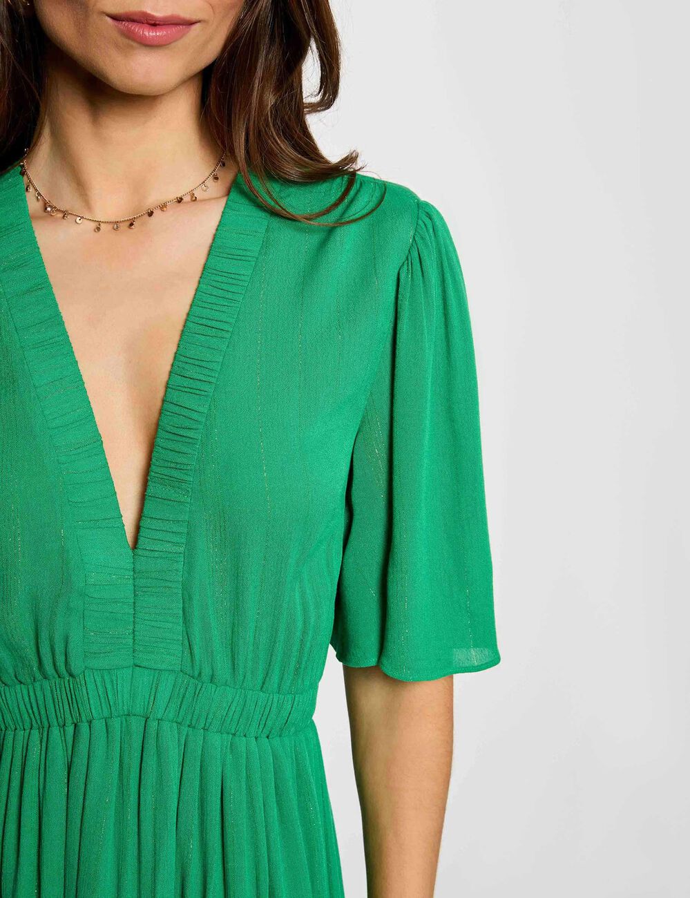 Robe longue col v vert prairie femme