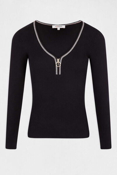 Pull manches longues à col en V marine femme