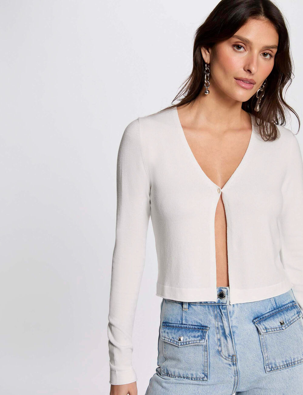 Gilet manches longues &agrave; col en V blanc femme