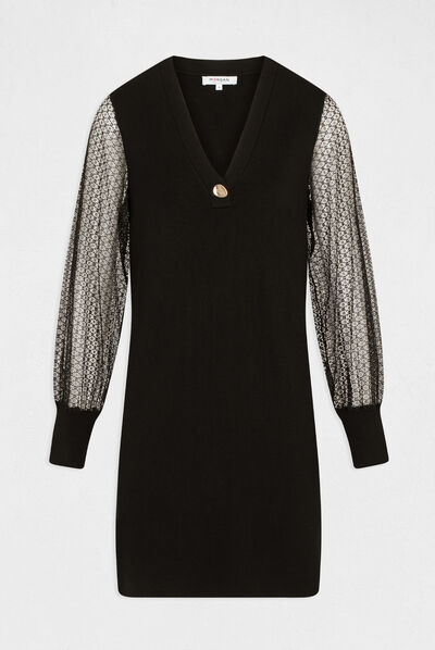 Robe pull droite à manches en dentelle noir femme