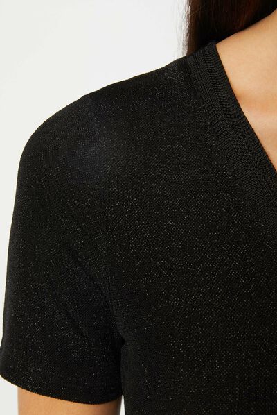 T-shirt manches courtes avec col en V noir femme