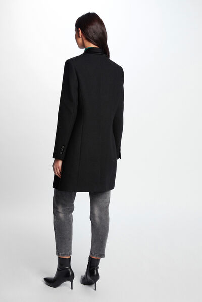 Manteau long détails satin noir femme