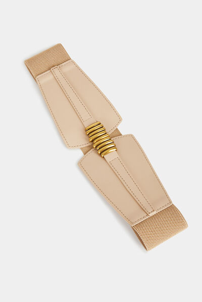 Ceinture élastiquée boucle à anneaux beige femme