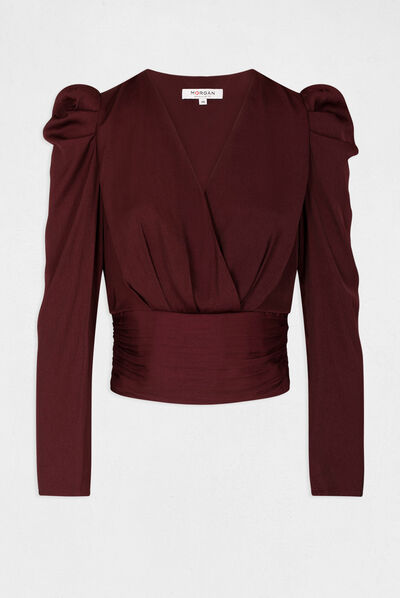 Blouse manches longues col cache-coeur prune femme