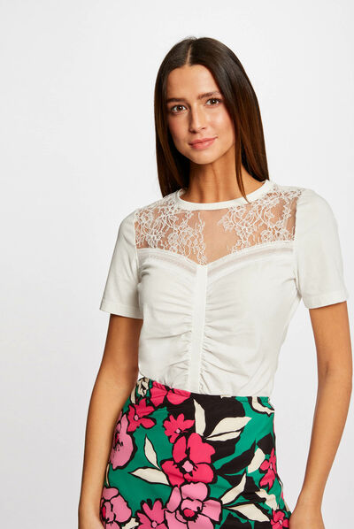 T-shirt manches courtes avec dentelle ecru femme