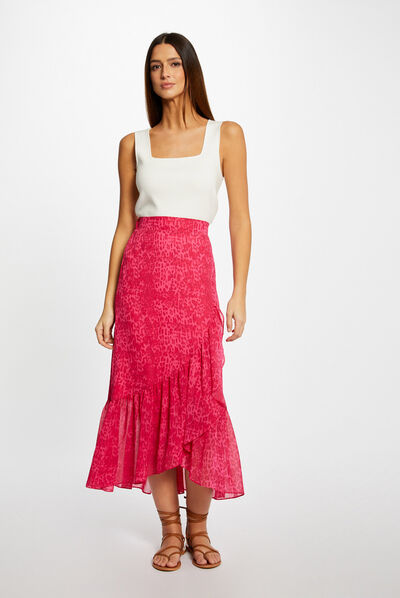 Jupe longue portefeuille imprimé léopard rose femme