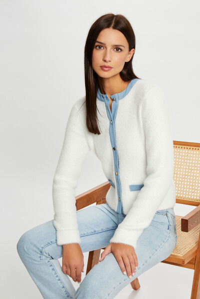 Gilet manches longues détails denim ecru femme
