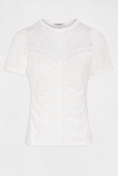 T-shirt manches courtes avec dentelle ecru femme
