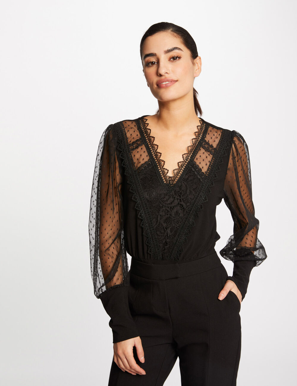 T-shirt manches longues avec plumetis noir femme