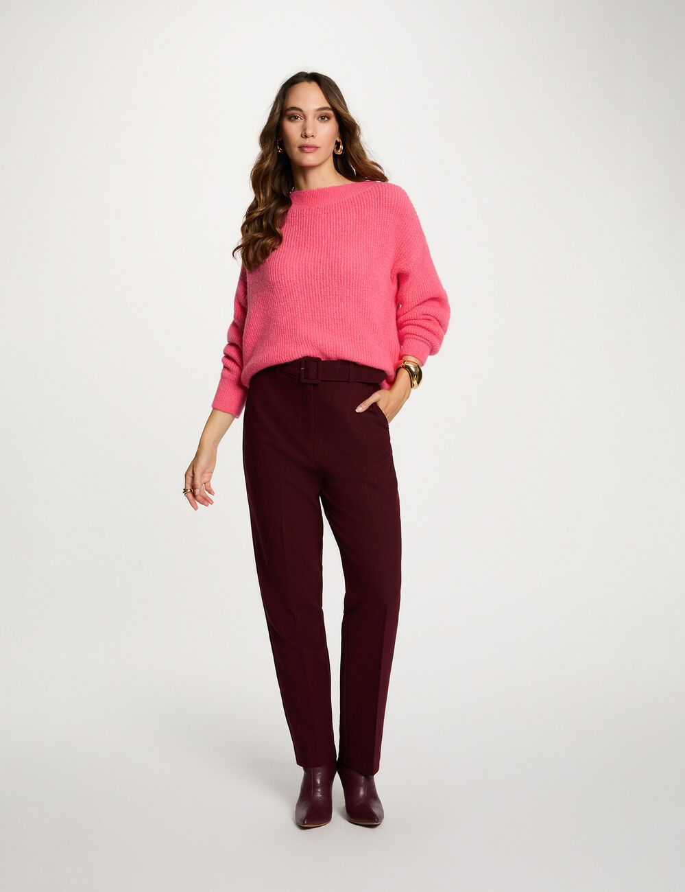 Pull col rond rose fushia femme