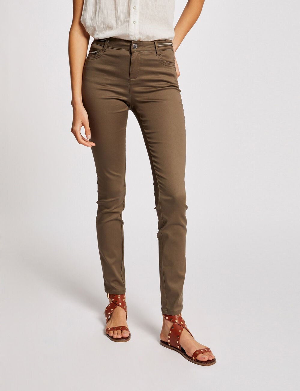 Pantalon slim enduit vert kaki femme