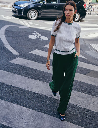 Pantalon large taille haute vert femme