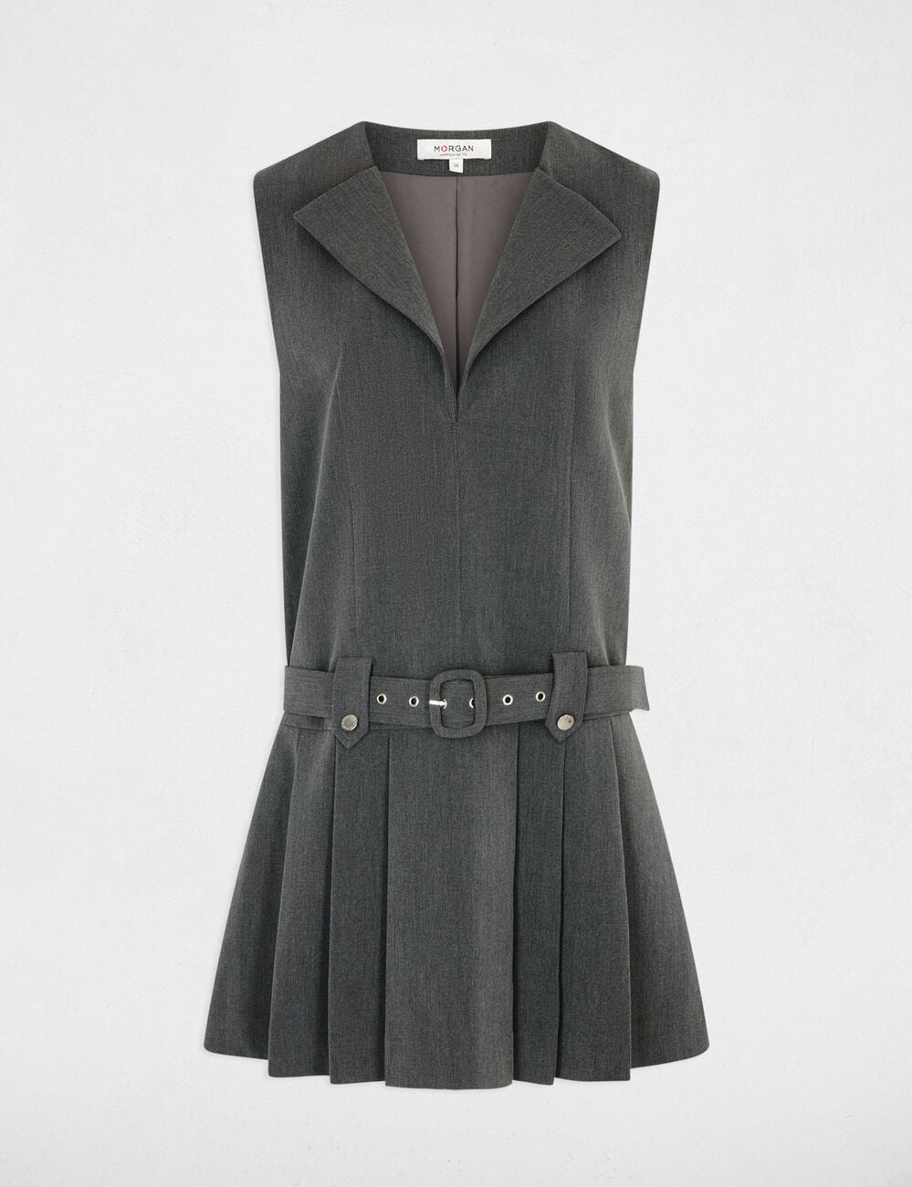 Robe ceintur&eacute;e col v gris moyen femme