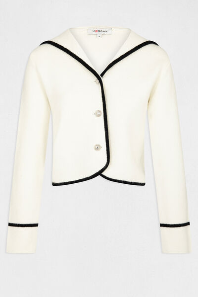 Gilet court boutonné à capuche ecru femme