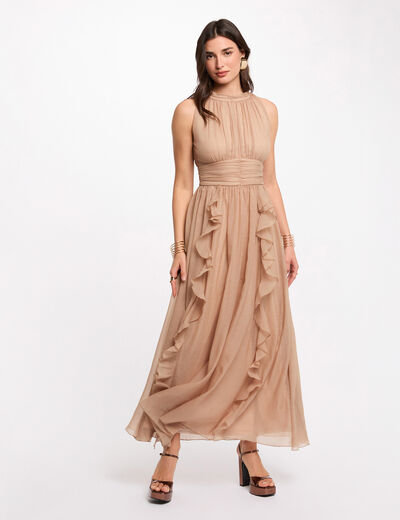 Robe longue col montant taupe femme