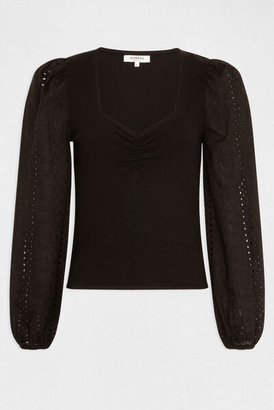 Pull manches longues bouffantes brodées noir femme