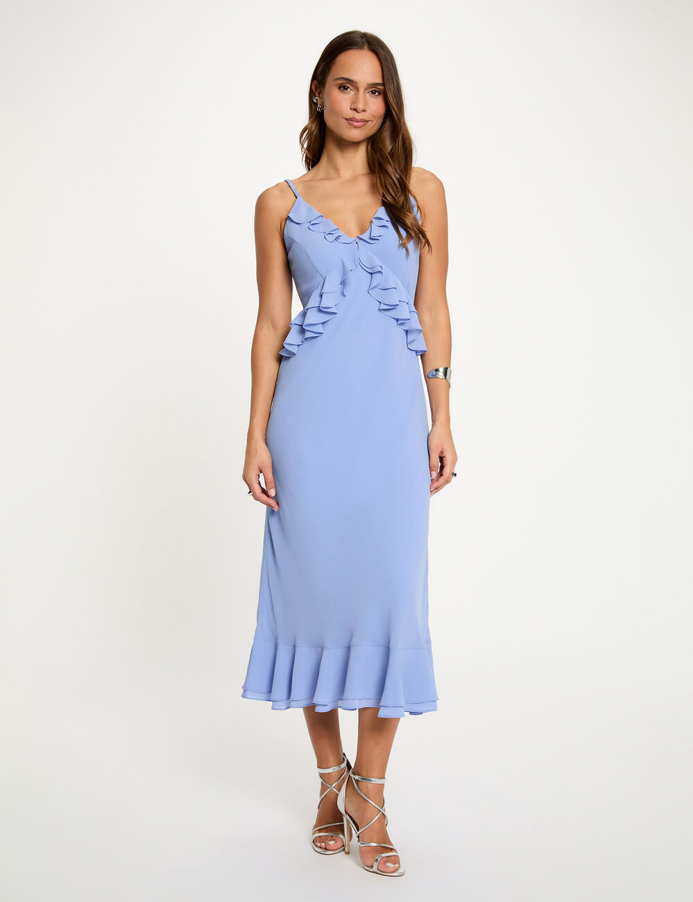 Robe mi-longue col v bleu femme