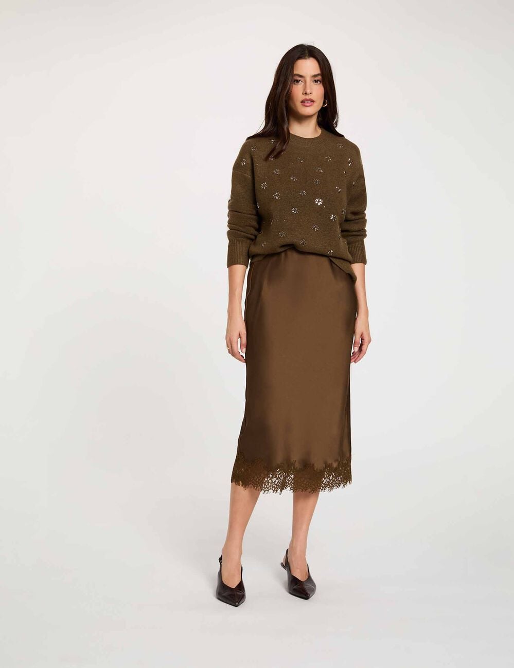 Pull &eacute;pais col rond vert kaki femme