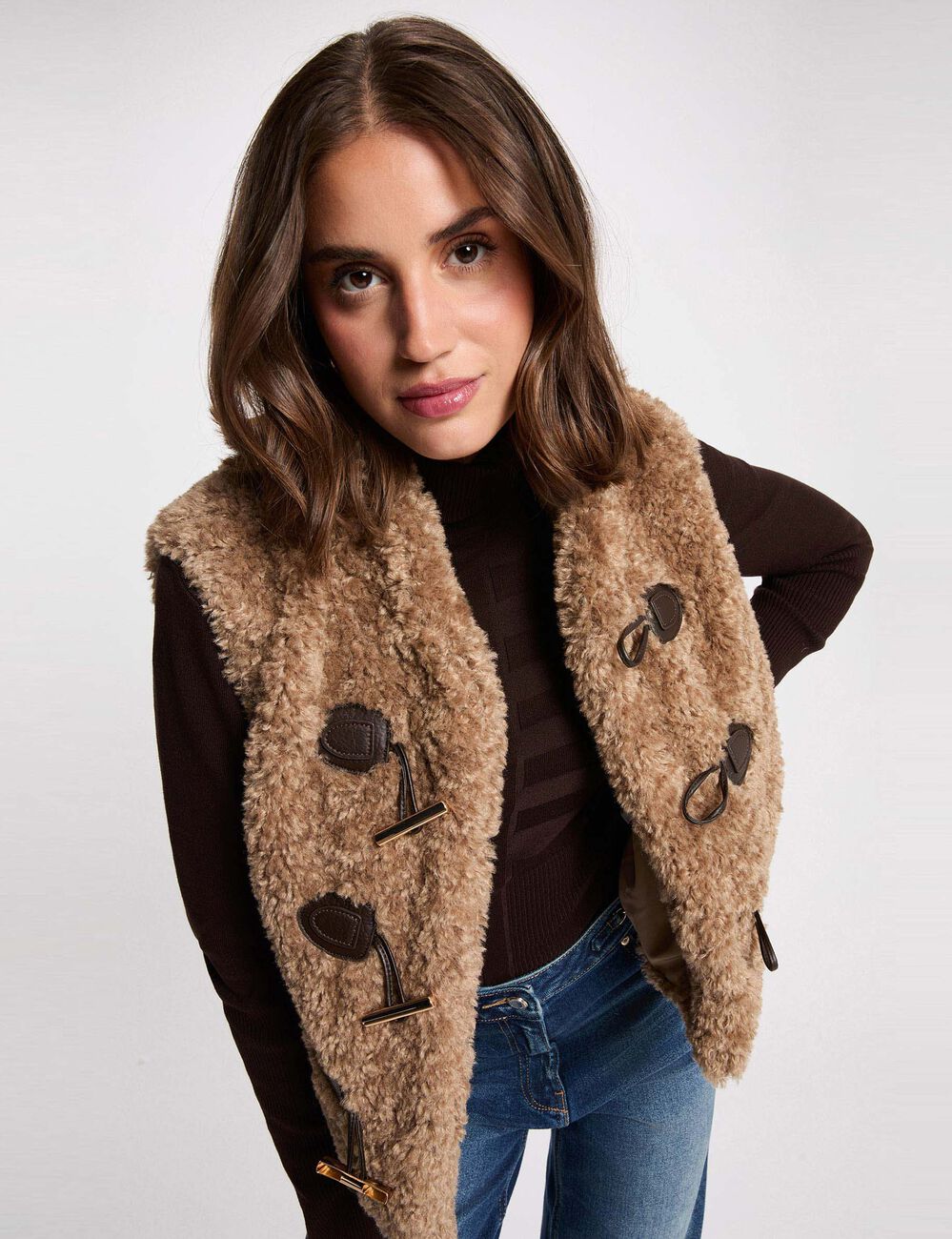 Gilet sans manches col ch&acirc;le marron femme