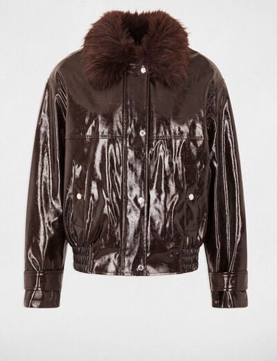 Blouson col fourrure marron fonc&eacute; femme