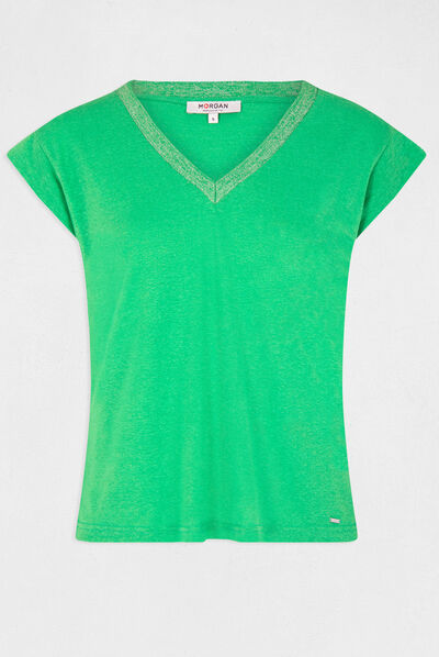 T-shirt manches courtes à col en V vert femme
