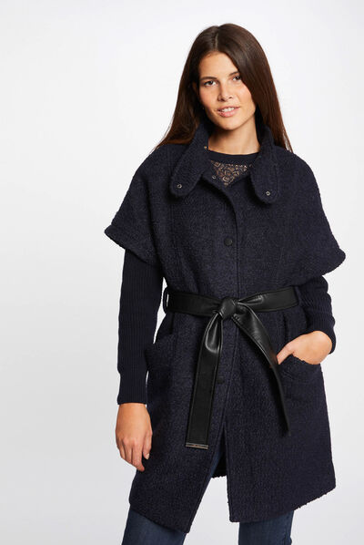 Manteau droit manches courtes ceinturé marine femme