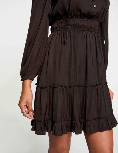 Robe satin manches longues marron fonc&eacute; femme
