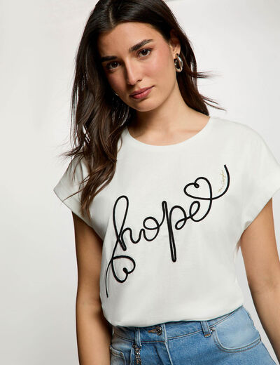 T-shirt brod&eacute; col rond blanc femme