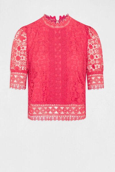 Blouse manches courtes en dentelle rose moyen femme