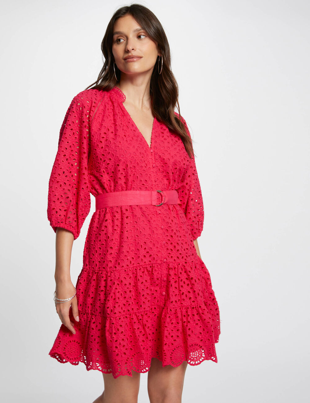 Robe courte trapèze brodée framboise femme