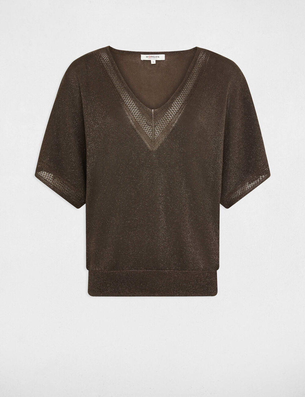 Pull col en V manches courtes vert kaki femme
