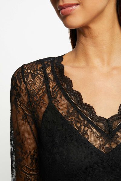 T-shirt manches longues à dentelle noir femme