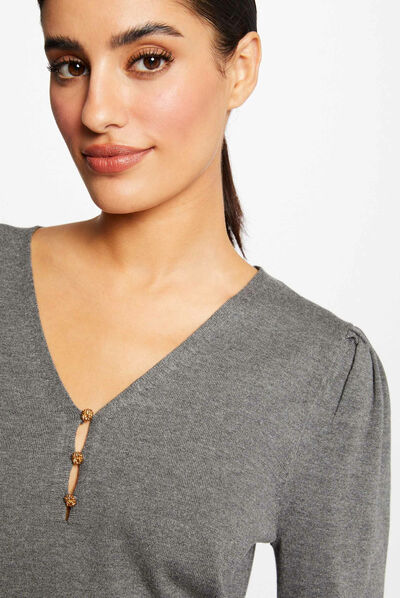 Pull manches longues à col en V gris anthracite femme