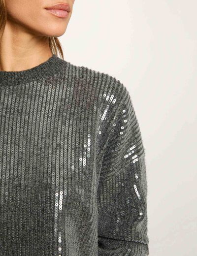 Pull sequins col rond gris fonc&eacute; femme