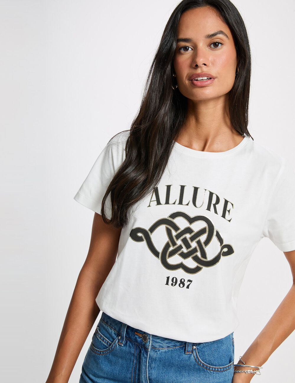 T-shirt imprim&eacute; col rond blanc femme