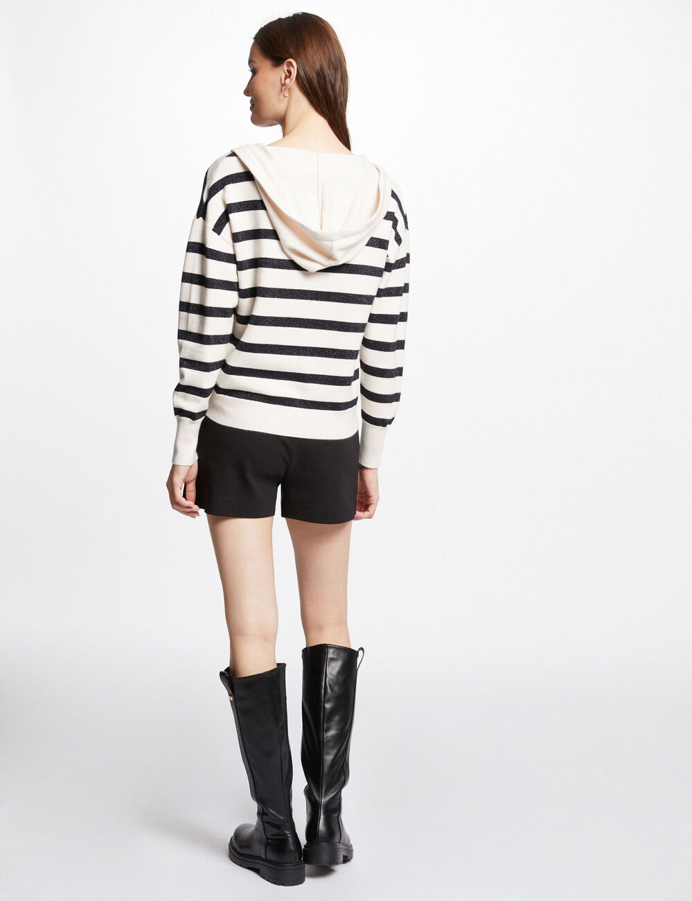 Pull col en V &agrave; capuche ivoire femme