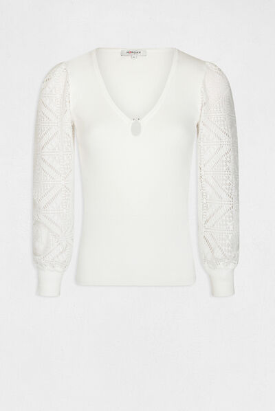 Pull manches longues en dentelle ecru femme