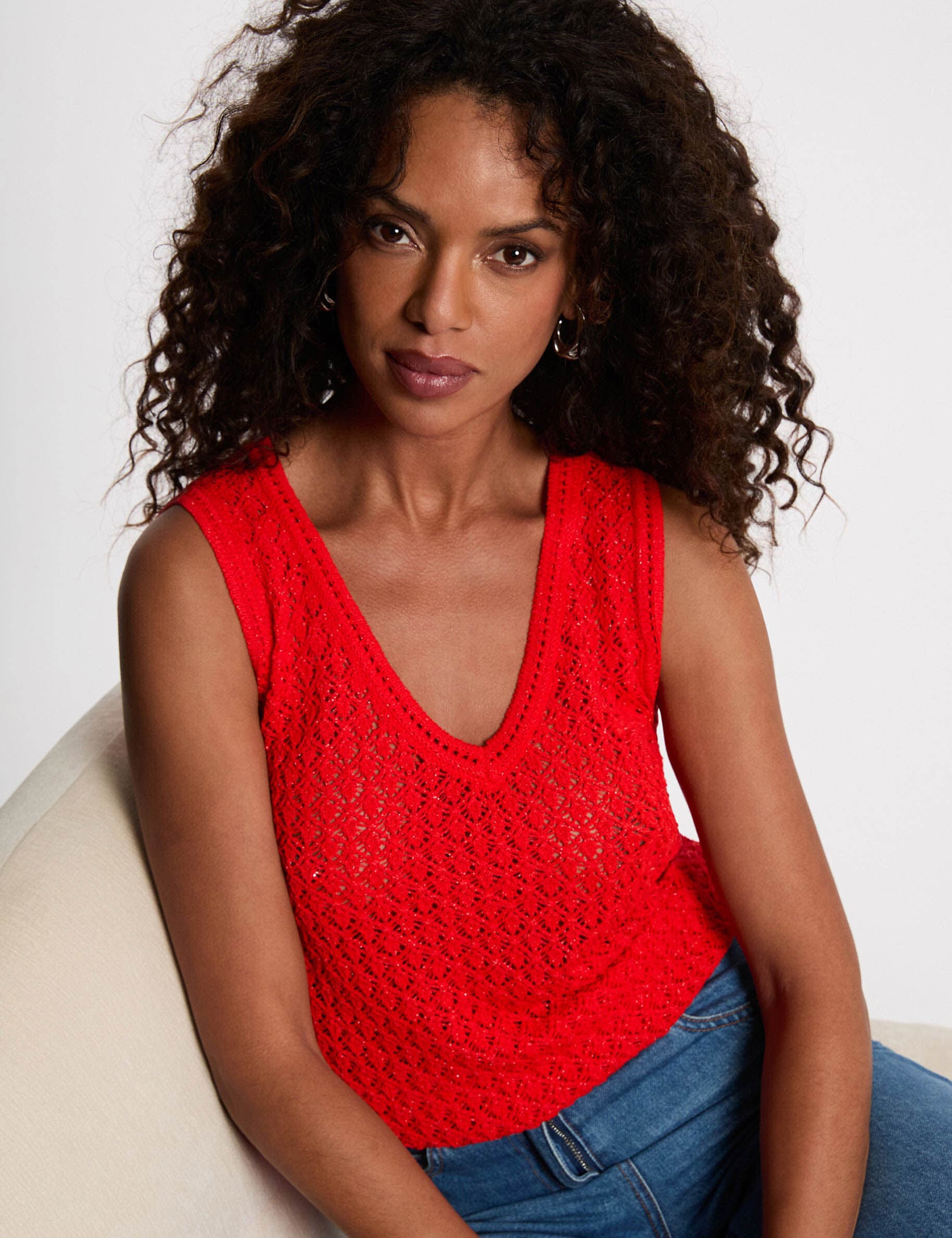 Top crochet col v rouge vif femme Top crochet col v rouge vif femme