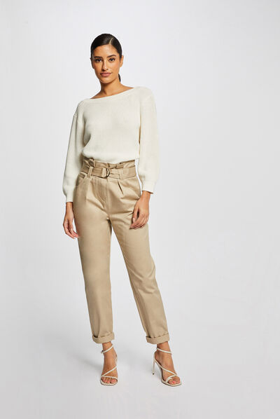 Pantalon carotte ceinturée beige femme