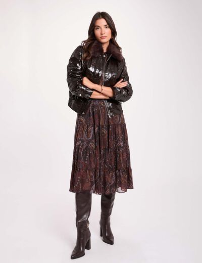 Blouson col fourrure marron fonc&eacute; femme