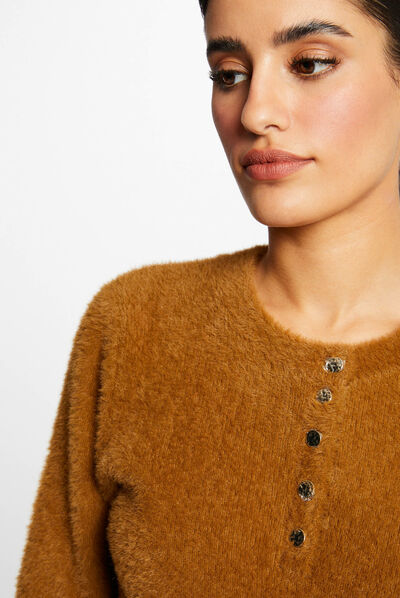 Pull manches longues à col rond caramel femme