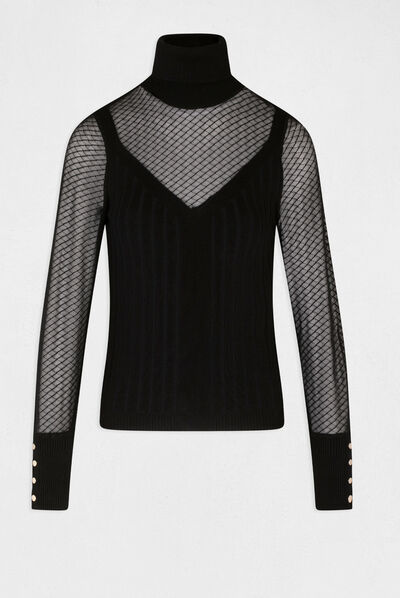 Pull manches longues à dentelle noir femme