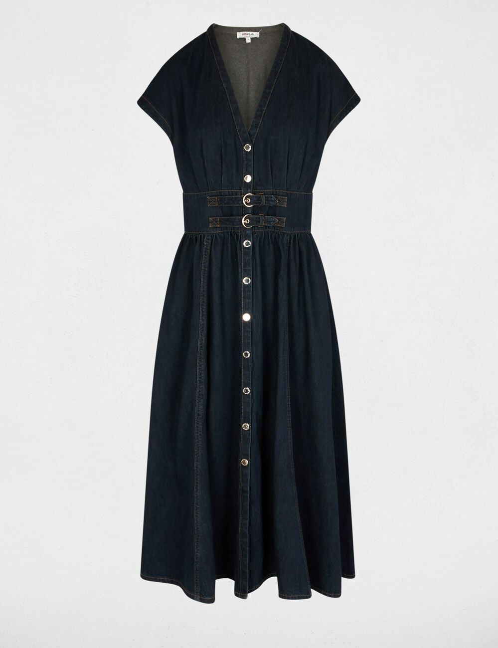 Robe mi-longue en jean bleu femme