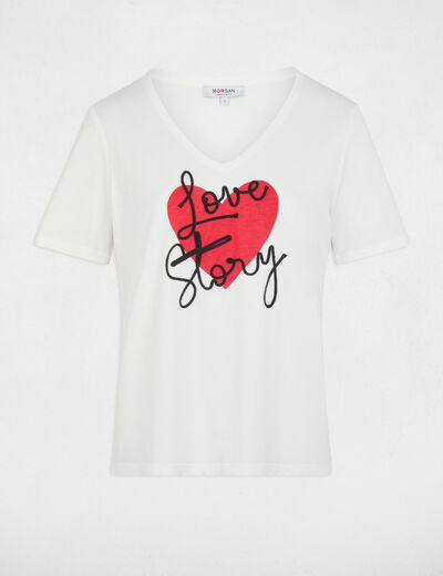 T-shirt col v manches courtes blanc femme
