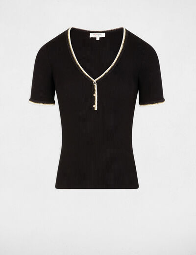 Pull manches courtes côtelé noir femme