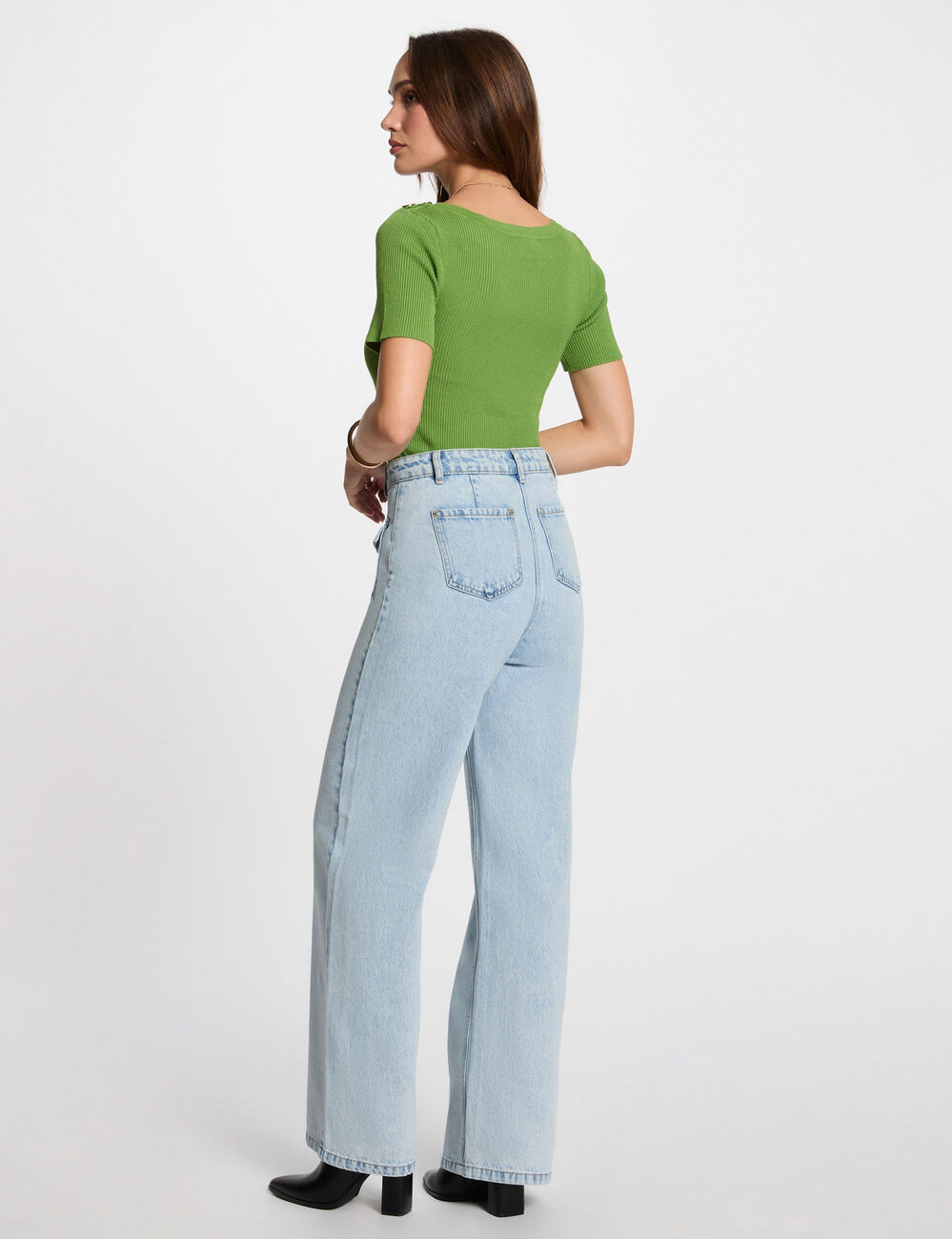 Jeans large taille haute denim bleach femme