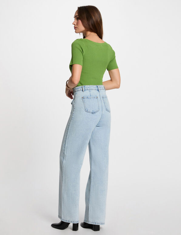 Jeans large taille haute denim bleach femme
